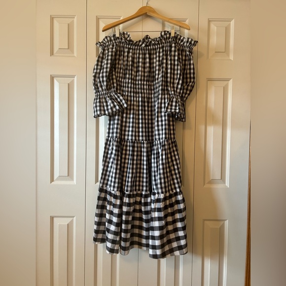 KITRI from Shopbop off-the-shoulder, black + white, gingham, tiered midi-dress. - Picture 4 of 8